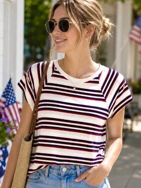 Madewell Striped Tee Medium Red White Blue Nautical Short Sleeve Top patriotic